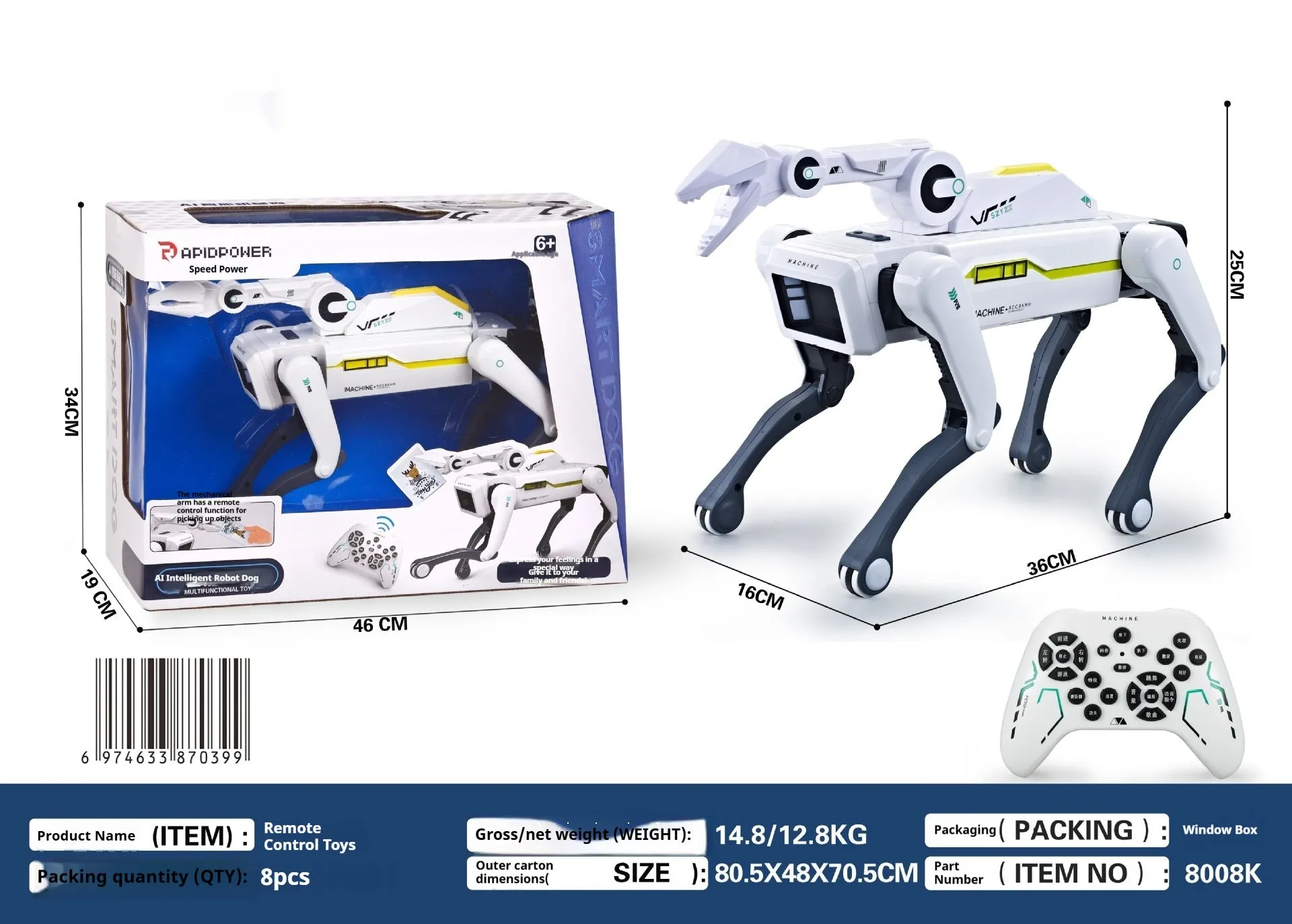 Simulation intelligence robot dog in plastic with voice dialogue and remote control, three colour options