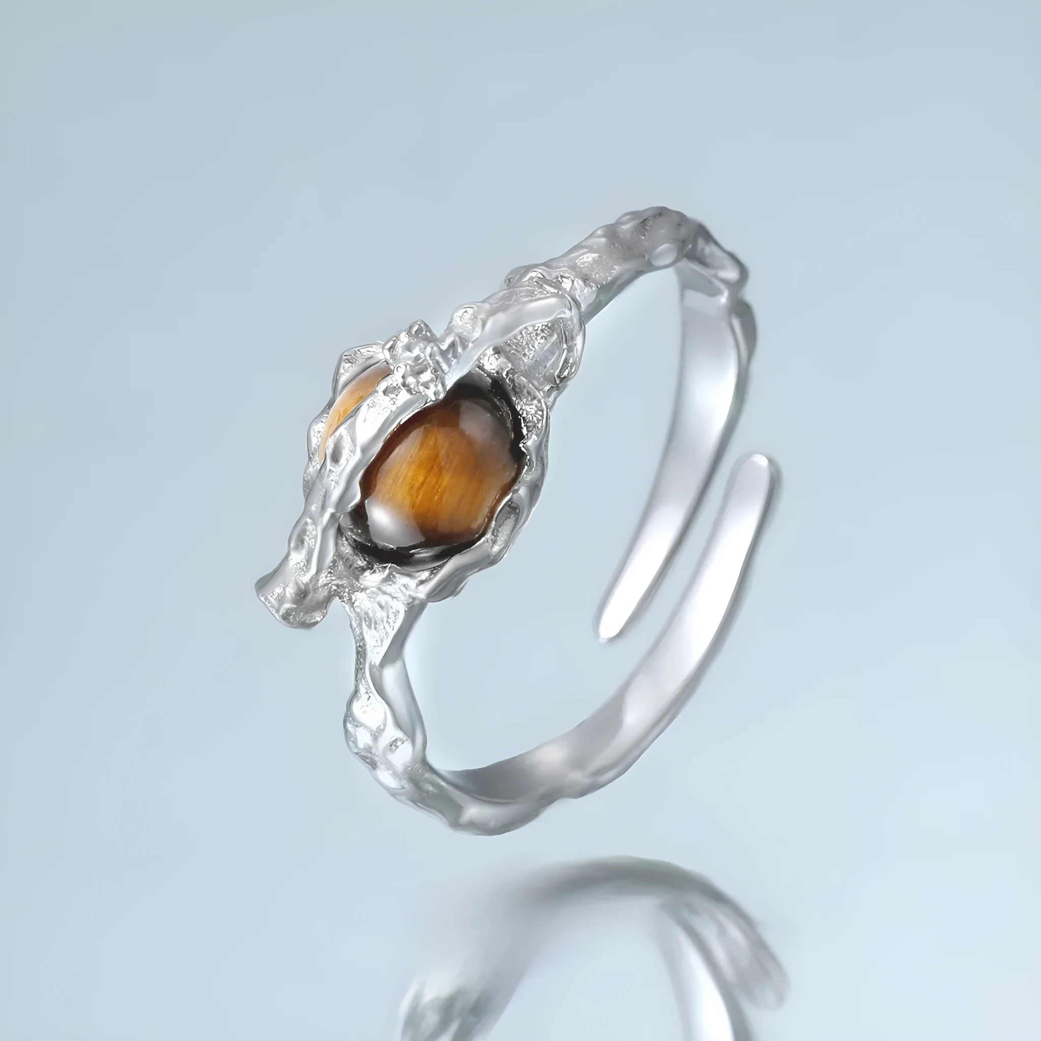 Saturn tigereye open ring for women with adjustable opening and white gold electroplated finish