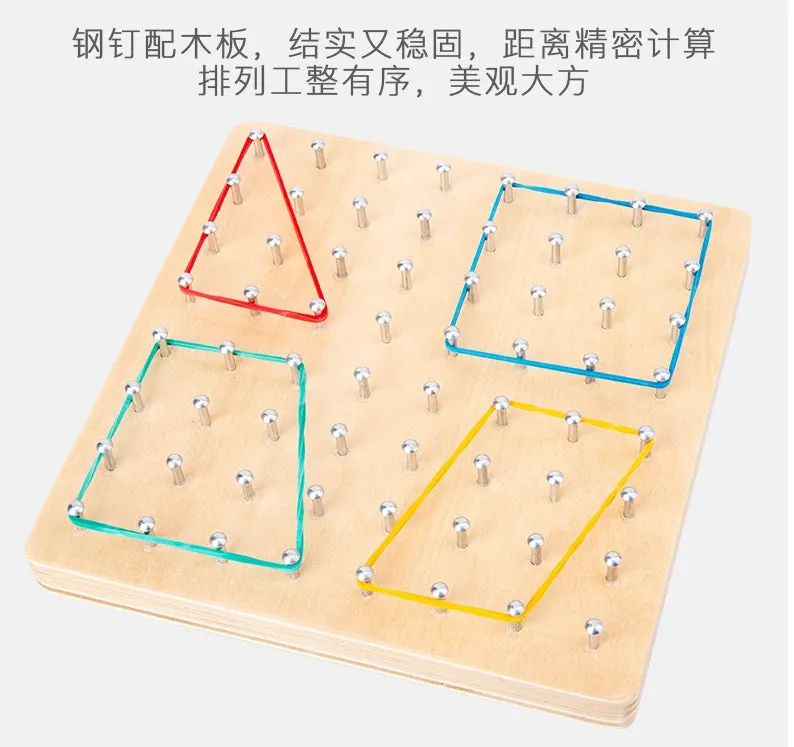 Yellow wooden Montessori nail plate 15x15x2cm on a flat surface