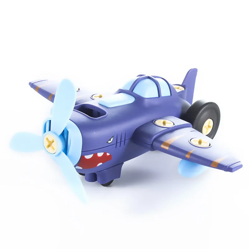 Plastic screw assembly toy vehicles for children aged 4-6, including plane, ship, car, and train with screwdriver and instructions