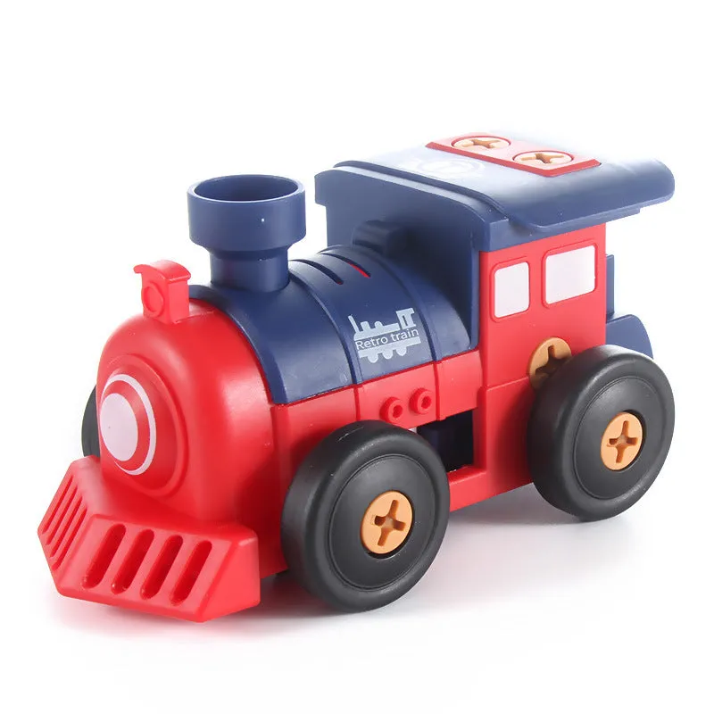 Plastic screw assembly toy vehicles for children aged 4-6, including plane, ship, car, and train with screwdriver and instructions