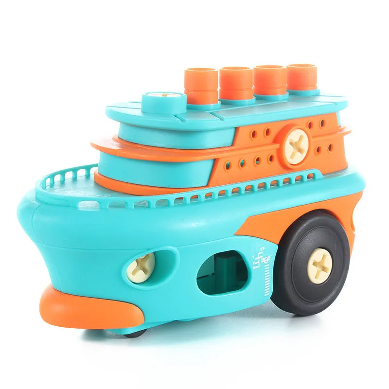 Plastic screw assembly toy vehicles for children aged 4-6, including plane, ship, car, and train with screwdriver and instructions
