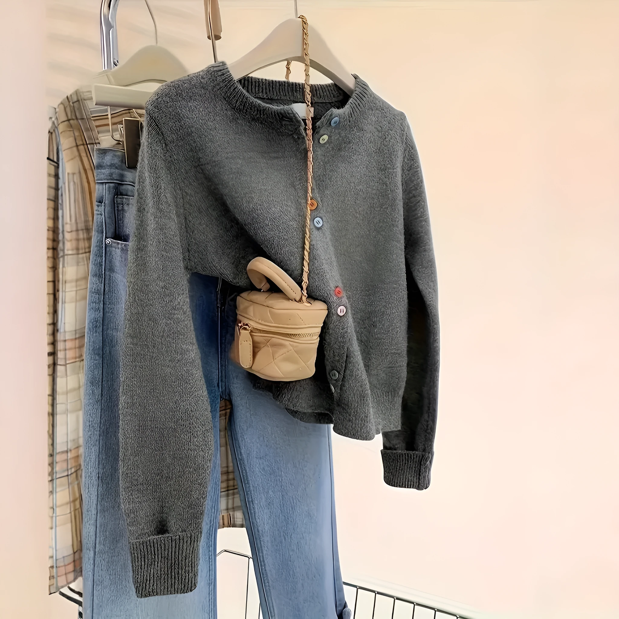 Women's dark grey button-front polyester cardigan sweater on a hanger.