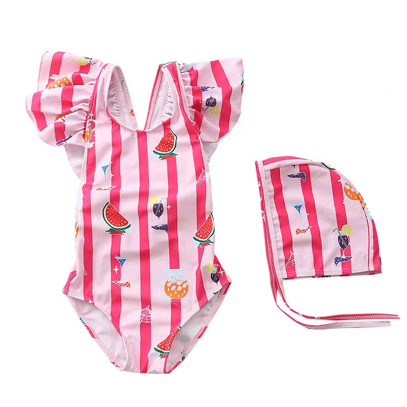Girls kids swimsuit in high-elasticity polyester with plaid pattern, available in blue colour, size M for 80-90cm toddlers