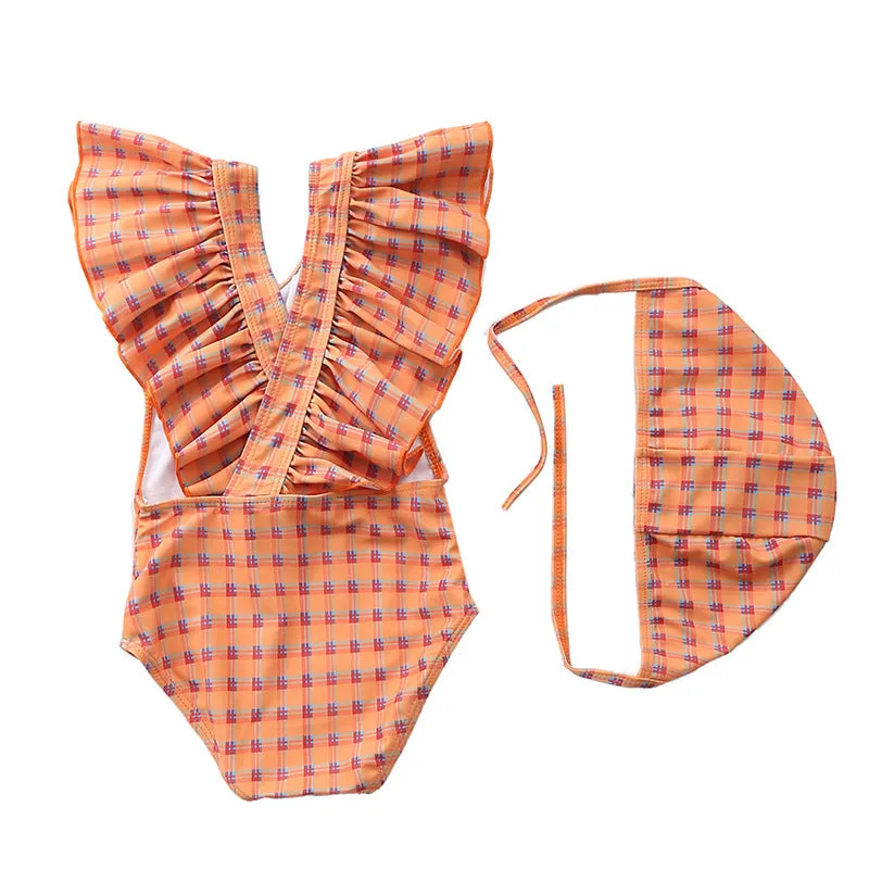Girls kids swimsuit in high-elasticity polyester with plaid pattern, available in blue colour, size M for 80-90cm toddlers