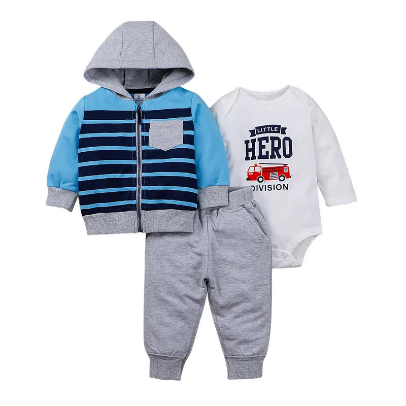Baby letter print zipper three-piece suit in autumn colours, including coat and trousers, sizes 6M-24M