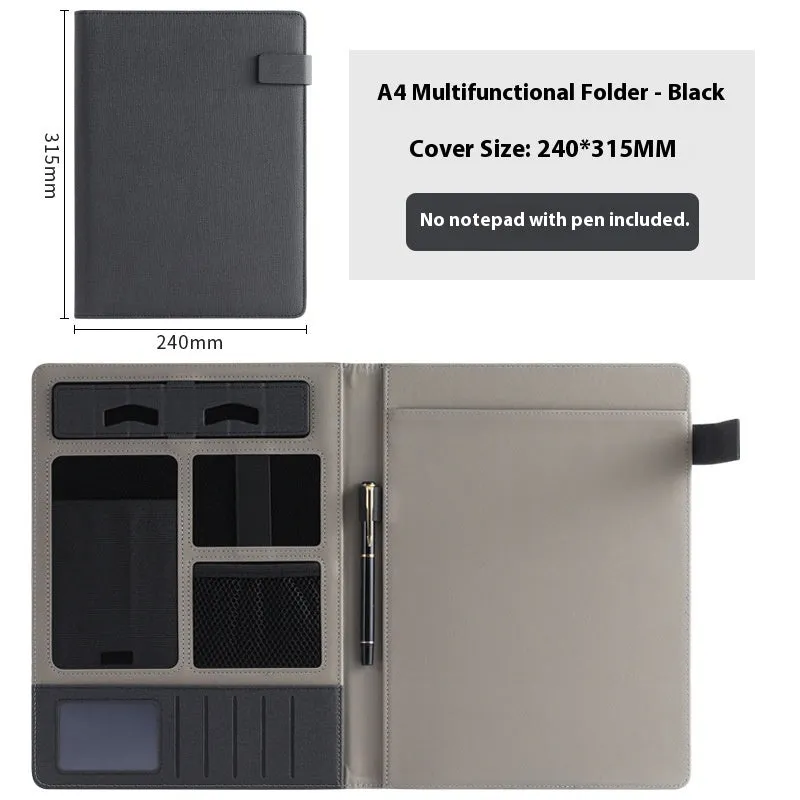 Black leather A4 document folder with internal compartments and optional pen.
