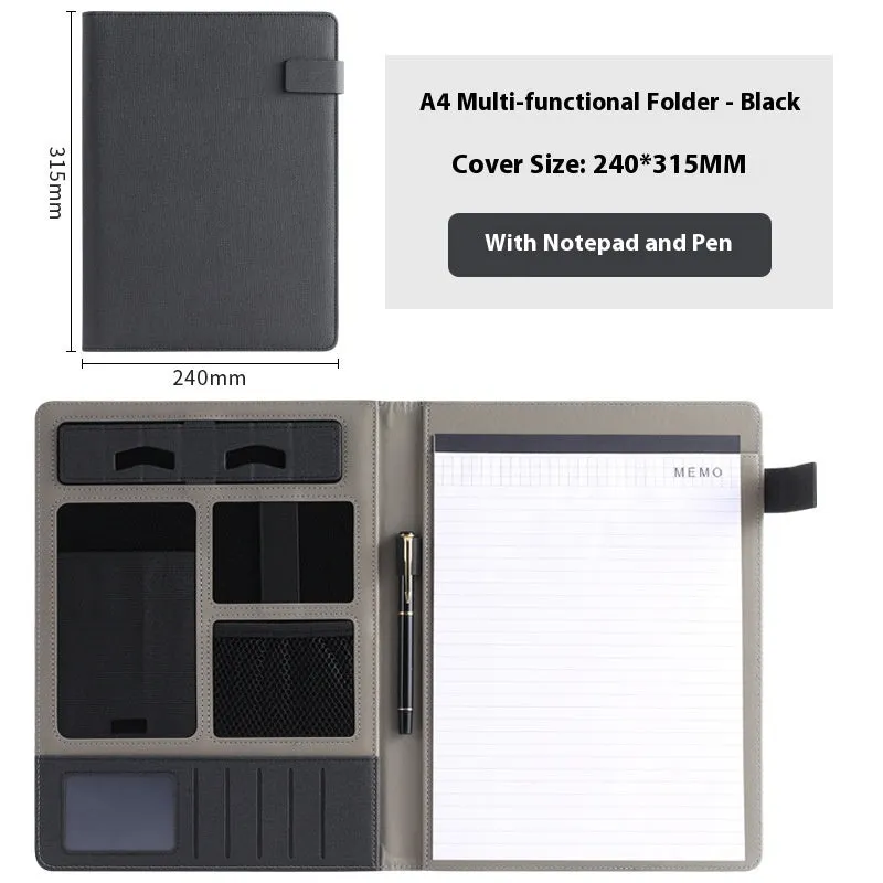 Black leather A4 document folder with internal compartments and optional pen.