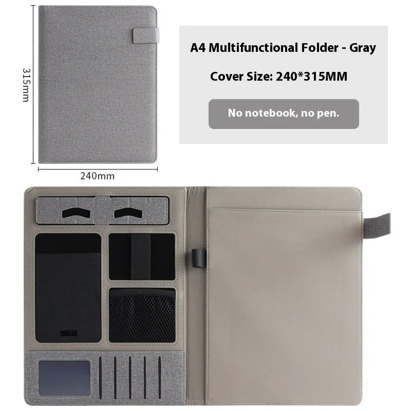 Black leather A4 document folder with internal compartments and optional pen.