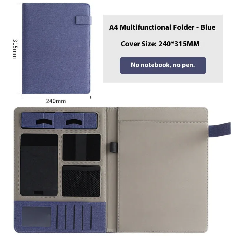 Black leather A4 document folder with internal compartments and optional pen.