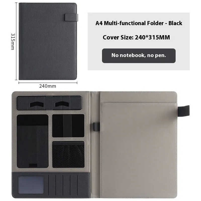 Black leather A4 document folder with internal compartments and optional pen.