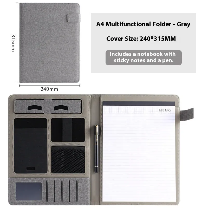Black leather A4 document folder with internal compartments and optional pen.