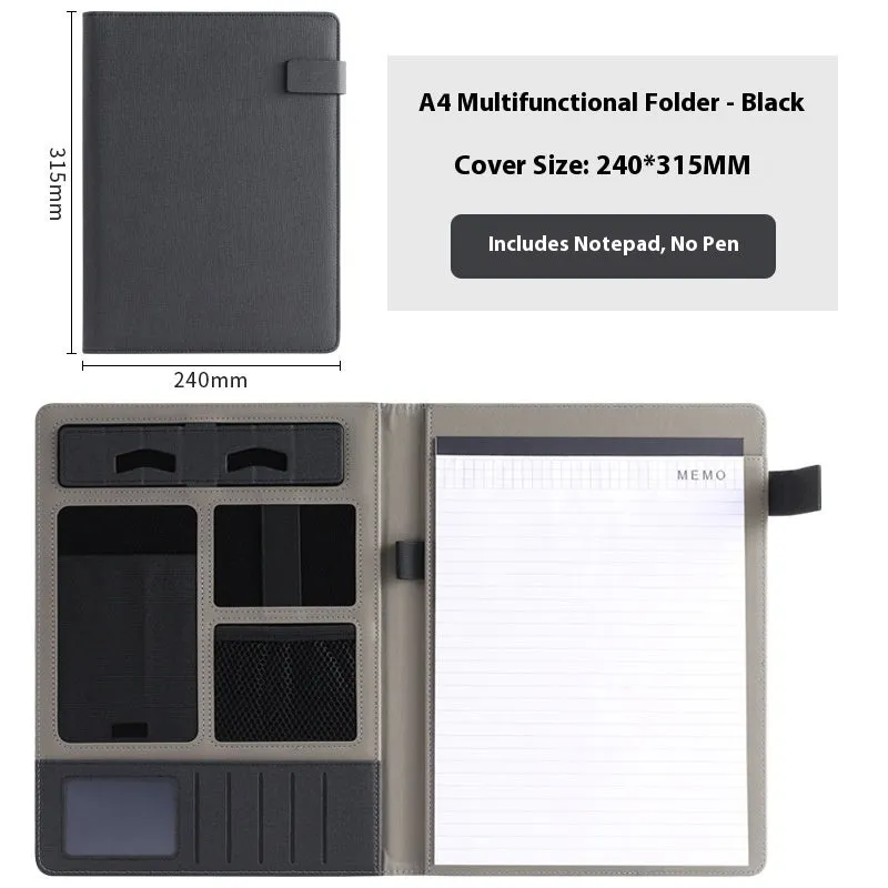 Black leather A4 document folder with internal compartments and optional pen.
