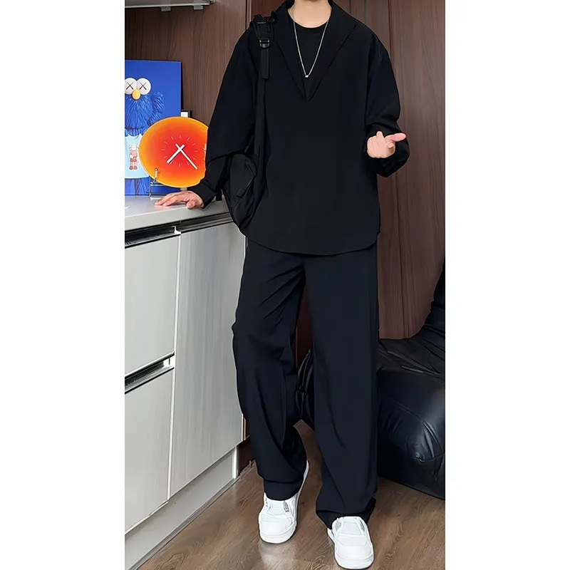 Men's black slim fit polo shirt and trousers two-piece casual suit made from elastic hemp fabric