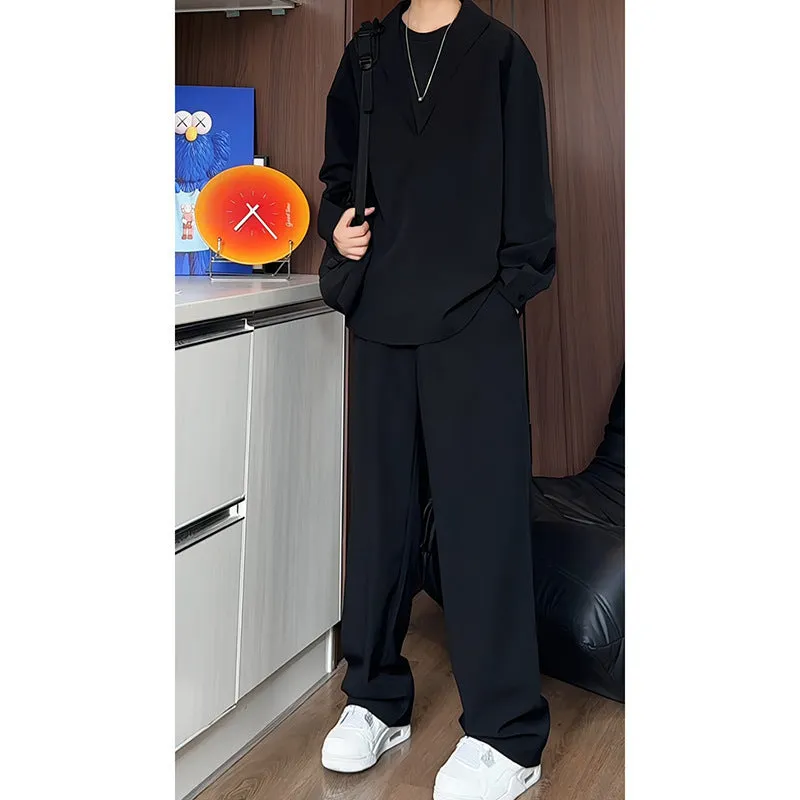 Men's black slim fit polo shirt and trousers two-piece casual suit made from elastic hemp fabric