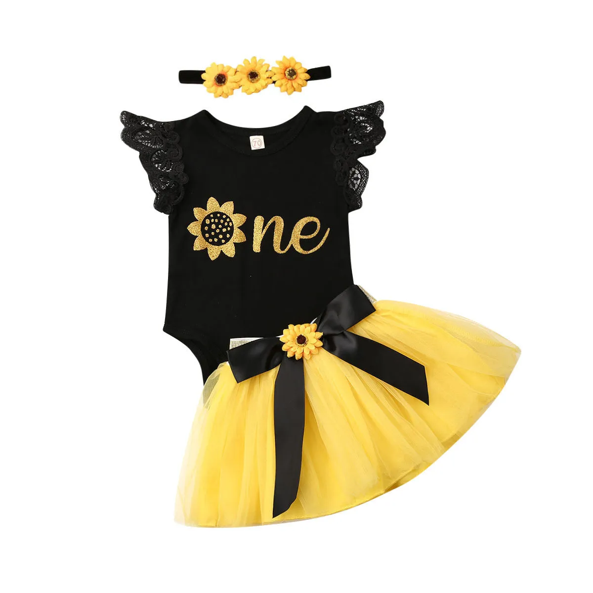 Baby three-piece triangle romper set with letter and flower print, suitable for 70–100cm height, as shown