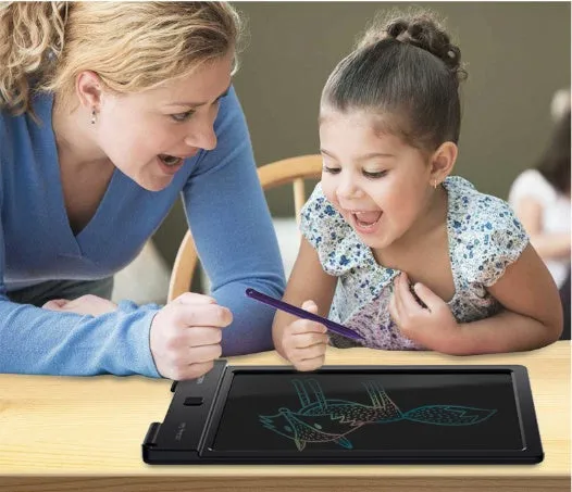 Black electronic LCD tablet with stylus, 229.25x149.45x10.5 mm, full-perspective screen, CR2032 battery