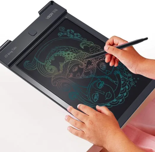 Black electronic LCD tablet with stylus, 229.25x149.45x10.5 mm, full-perspective screen, CR2032 battery