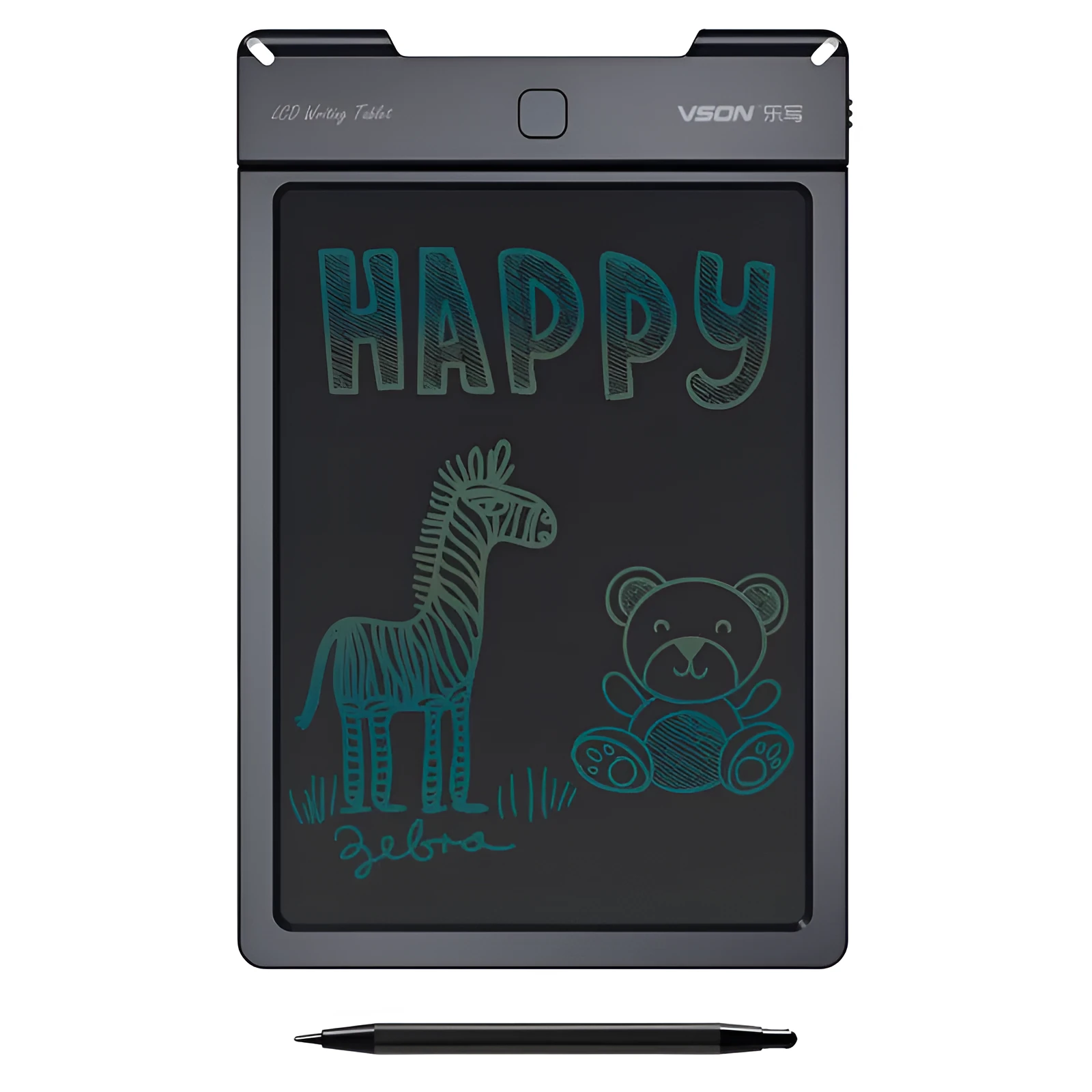 Black electronic LCD tablet with stylus, 229.25x149.45x10.5 mm, full-perspective screen, CR2032 battery