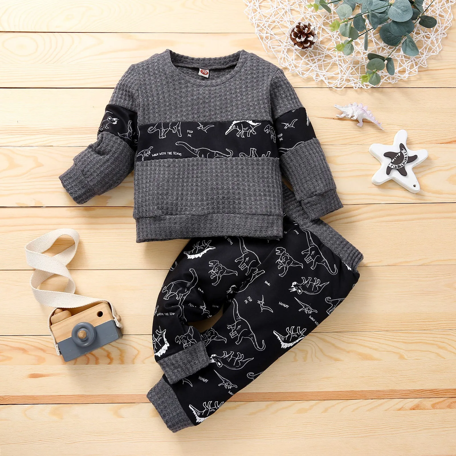 Children's cotton knitted stitching sports suit with cartoon dinosaur pattern in grey colour, pullover style pants set