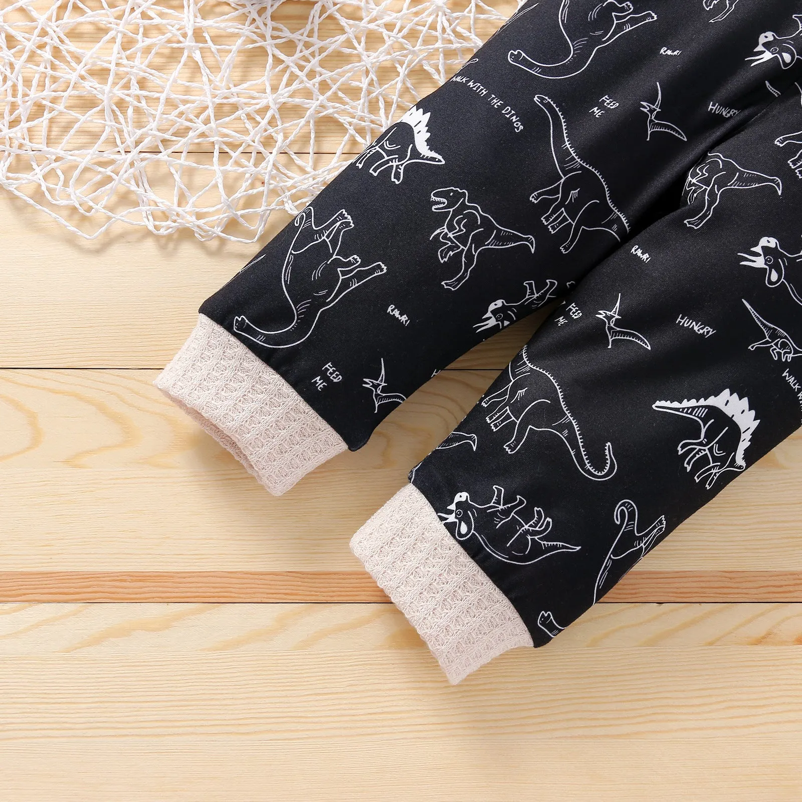 Children's cotton knitted stitching sports suit with cartoon dinosaur pattern in grey colour, pullover style pants set