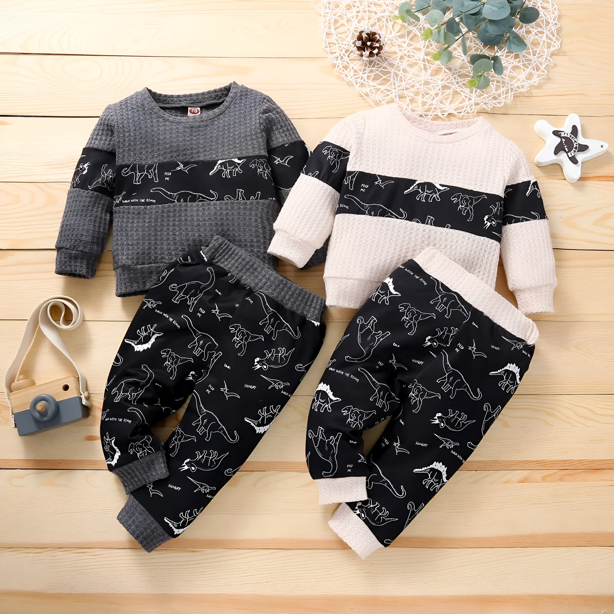 Children's cotton knitted stitching sports suit with cartoon dinosaur pattern in grey colour, pullover style pants set