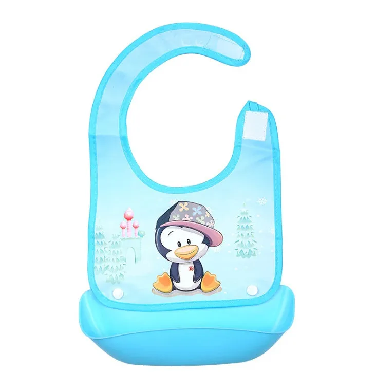 Cartoon baby PVC three-dimensional bib with blue koala design and waterproof silicone pocket