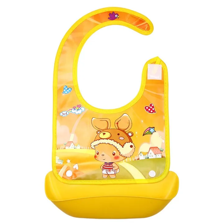 Cartoon baby PVC three-dimensional bib with blue koala design and waterproof silicone pocket