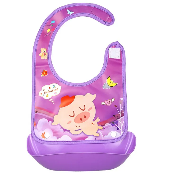 Cartoon baby PVC three-dimensional bib with blue koala design and waterproof silicone pocket