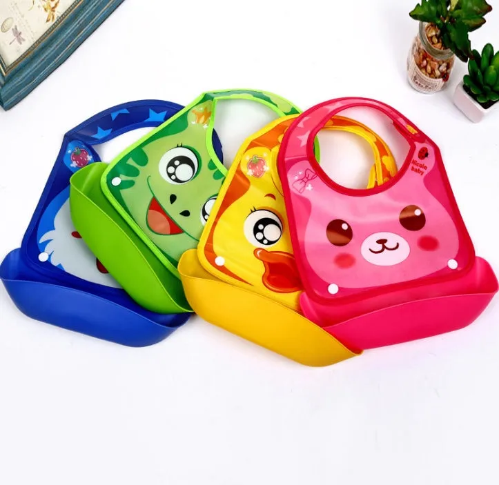 Cartoon baby PVC three-dimensional bib with blue koala design and waterproof silicone pocket