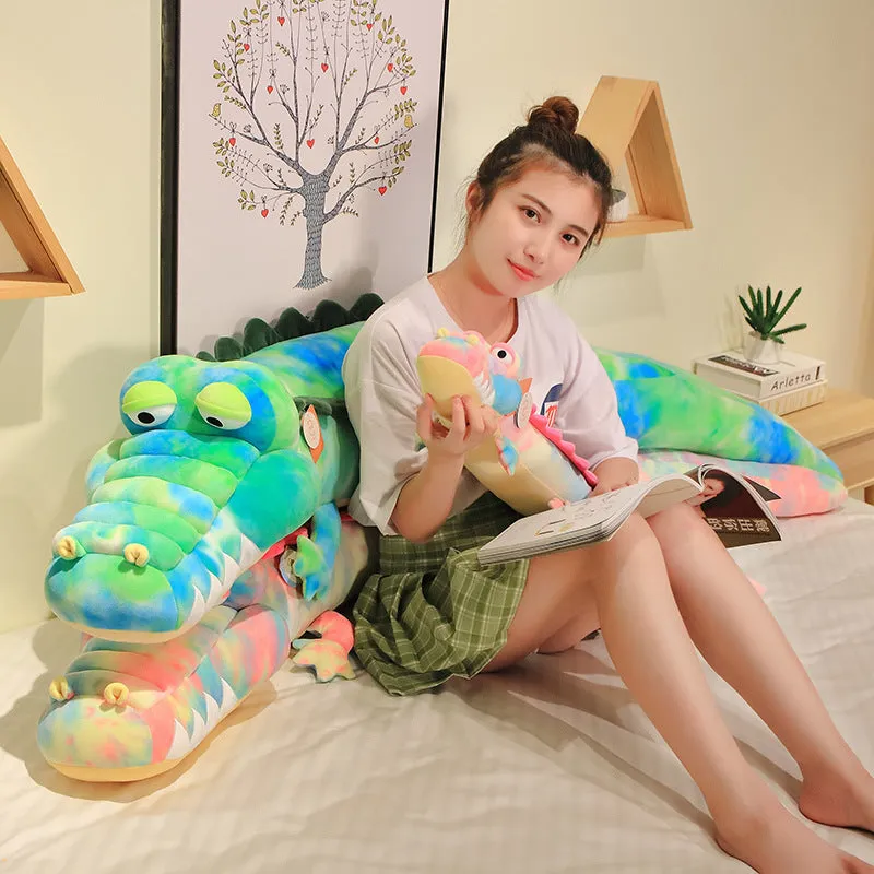 Symphony soft velvet alligator plush toy in green colour on a plain background