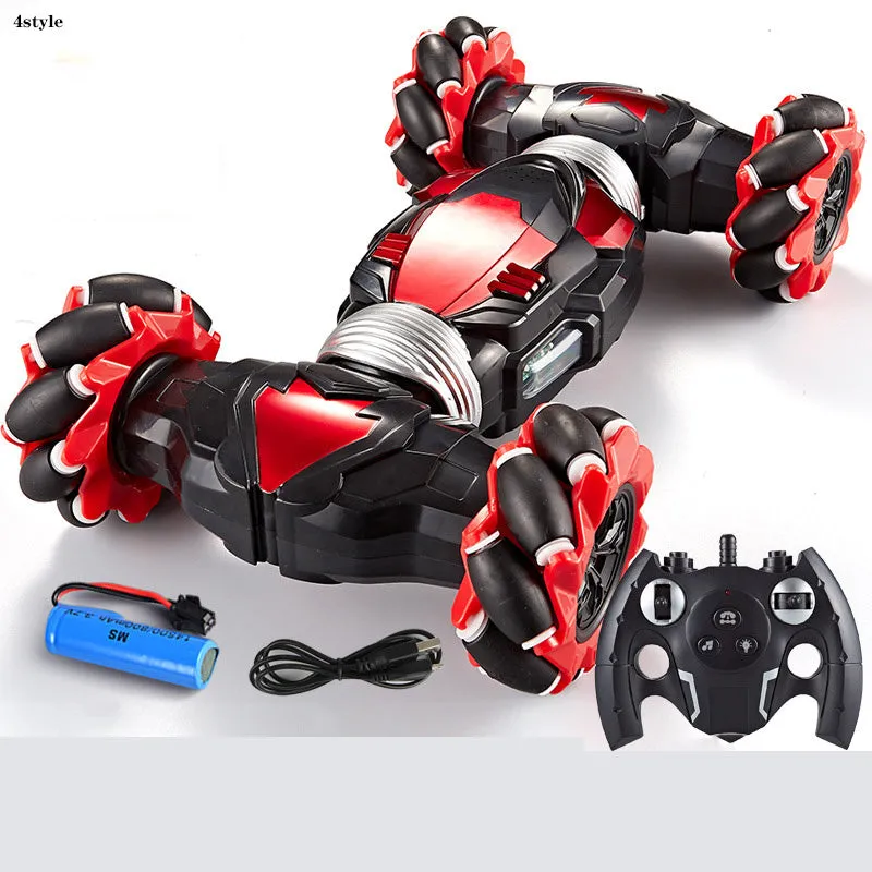 Blue electric remote control car with two motors, ABS plastic body, climbing and twisting wheels, on a pavement surface