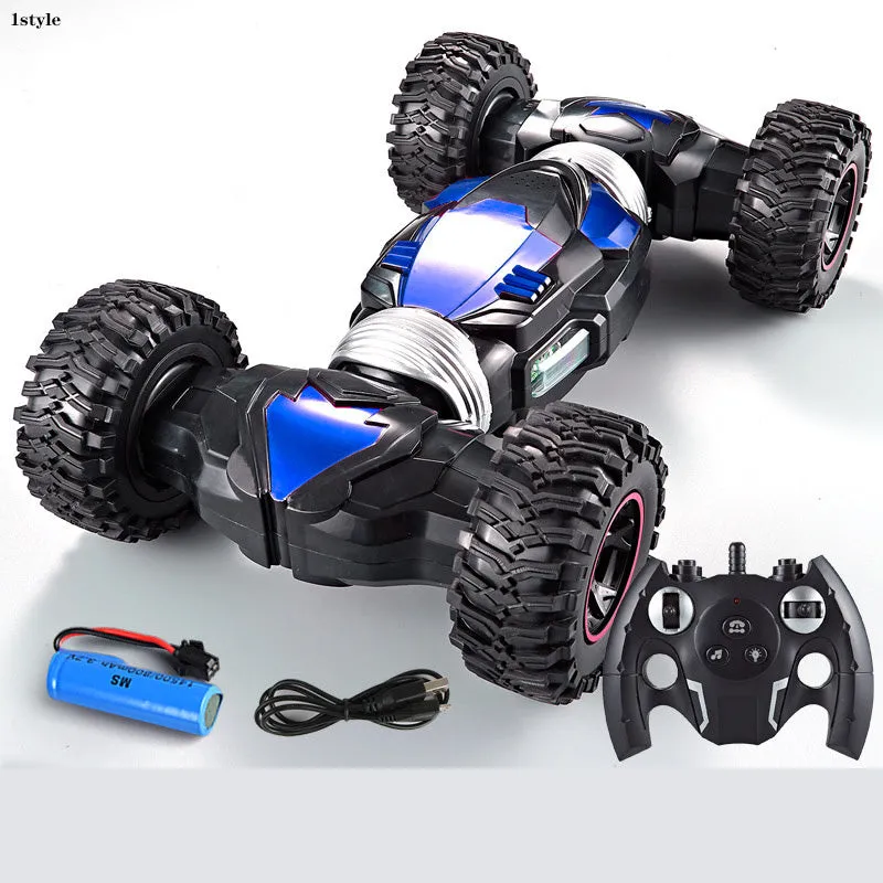 Blue electric remote control car with two motors, ABS plastic body, climbing and twisting wheels, on a pavement surface