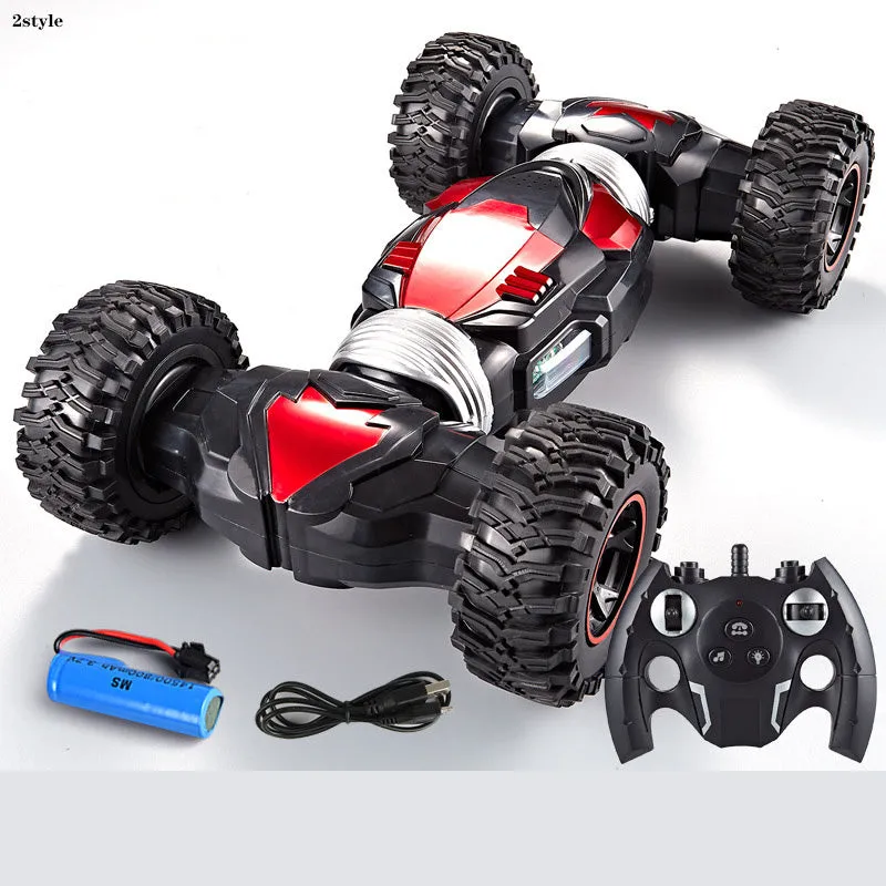 Blue electric remote control car with two motors, ABS plastic body, climbing and twisting wheels, on a pavement surface