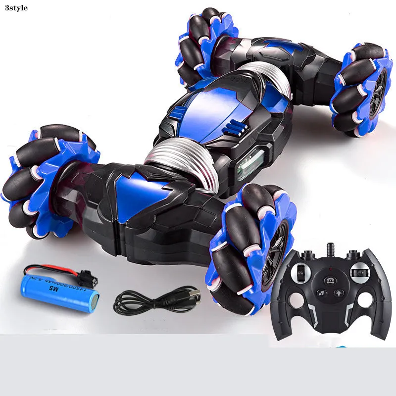 Blue electric remote control car with two motors, ABS plastic body, climbing and twisting wheels, on a pavement surface