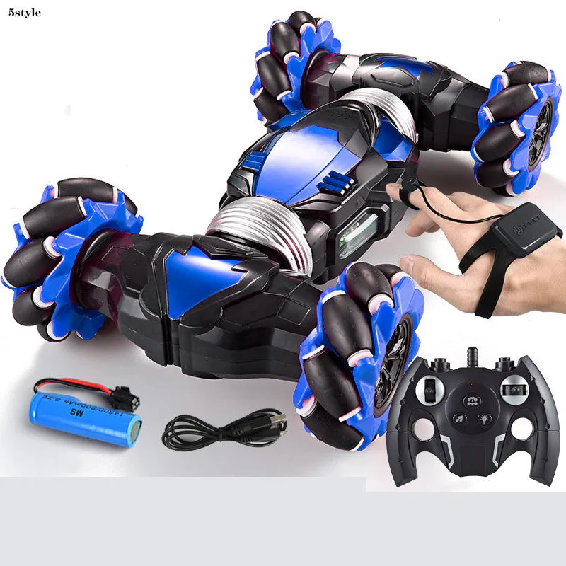 Blue electric remote control car with two motors, ABS plastic body, climbing and twisting wheels, on a pavement surface