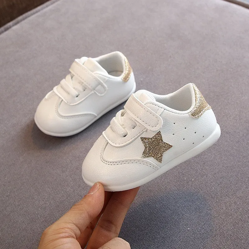 Toddler soft sole shoes with Velcro fastening, Korean embroidery, in white black colourway