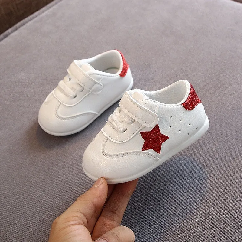 Toddler soft sole shoes with Velcro fastening, Korean embroidery, in white black colourway