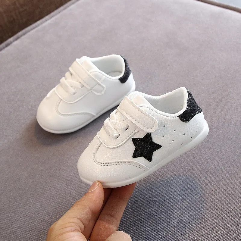 Toddler soft sole shoes with Velcro fastening, Korean embroidery, in white black colourway