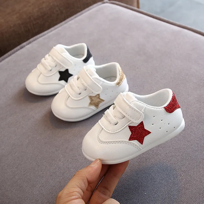 Toddler soft sole shoes with Velcro fastening, Korean embroidery, in white black colourway