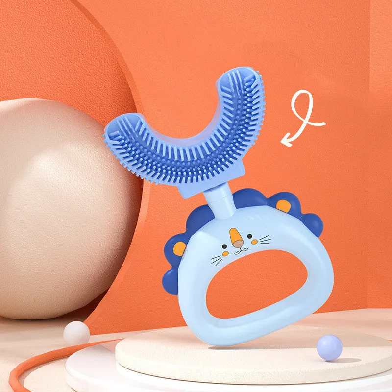 Children's U-shaped silicone toothbrush in blue for ages 2-6 years with soft silicone head and PP handle