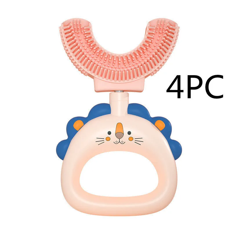 Children's U-shaped silicone toothbrush in blue for ages 2-6 years with soft silicone head and PP handle
