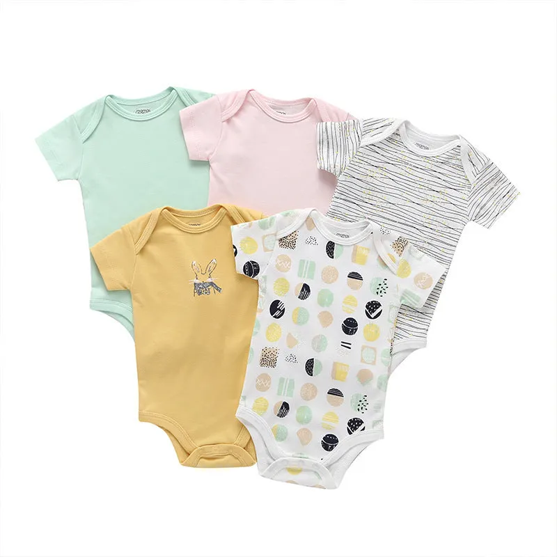 Unisex cotton cartoon jumpsuit for babies and toddlers with short sleeves, available in multiple sizes and colours