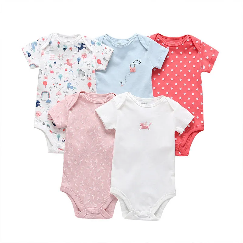 Unisex cotton cartoon jumpsuit for babies and toddlers with short sleeves, available in multiple sizes and colours