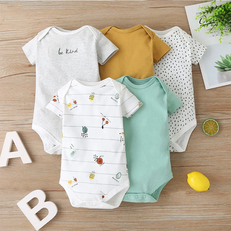 Unisex cotton cartoon jumpsuit for babies and toddlers with short sleeves, available in multiple sizes and colours