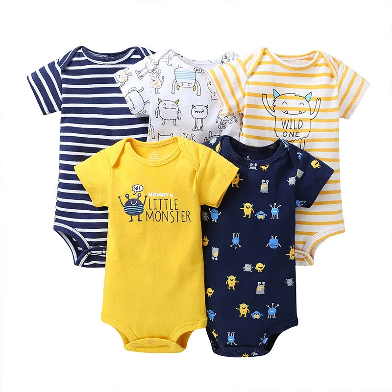 Unisex cotton cartoon jumpsuit for babies and toddlers with short sleeves, available in multiple sizes and colours