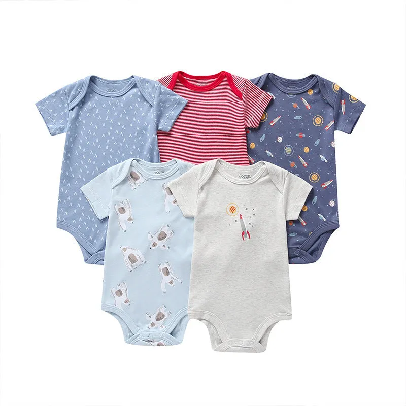 Unisex cotton cartoon jumpsuit for babies and toddlers with short sleeves, available in multiple sizes and colours