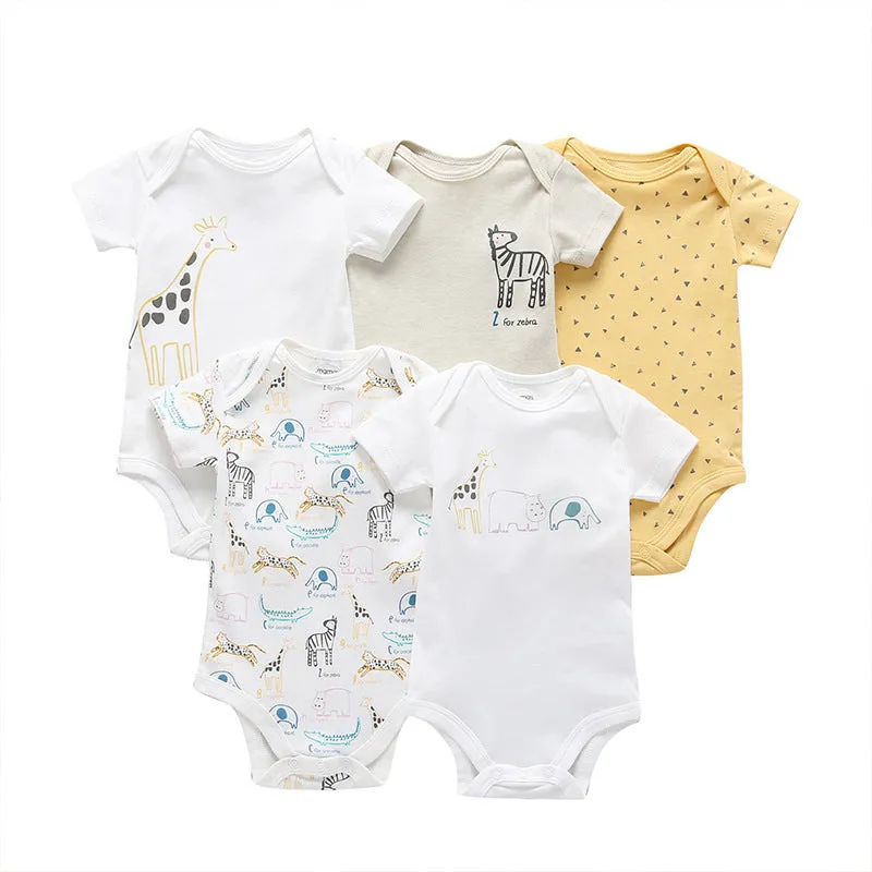 Unisex cotton cartoon jumpsuit for babies and toddlers with short sleeves, available in multiple sizes and colours