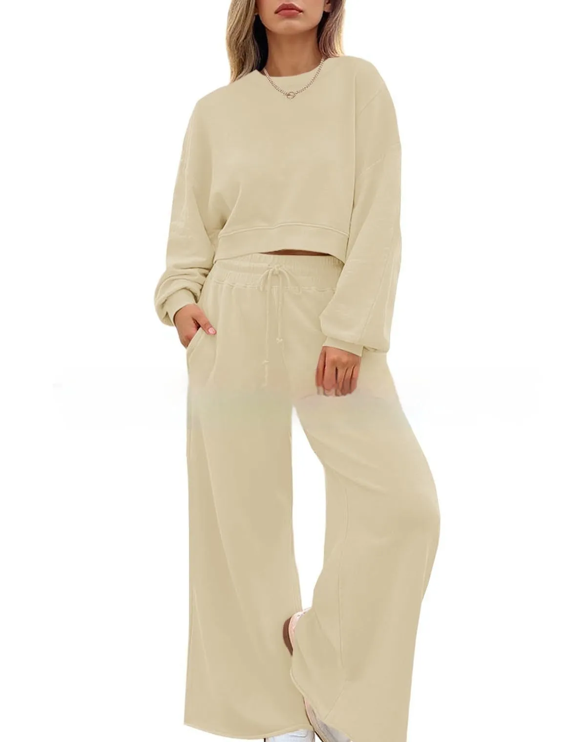 Women's street hipster style two-piece trouser set in solid colour with long sleeves