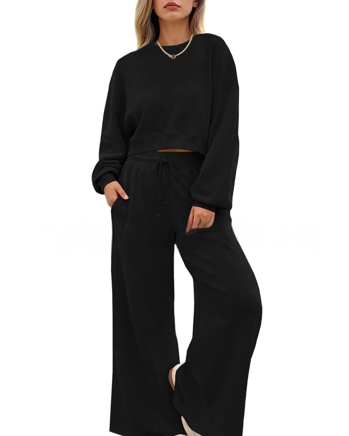 Women's street hipster style two-piece trouser set in solid colour with long sleeves